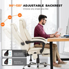 HOMREST Heated Office Chair, Beige | Vibrating Massage, Ergonomic Executive Desk Chair, Retractable Footrest and Lumbar Support, High-Back Reclining PU Leather