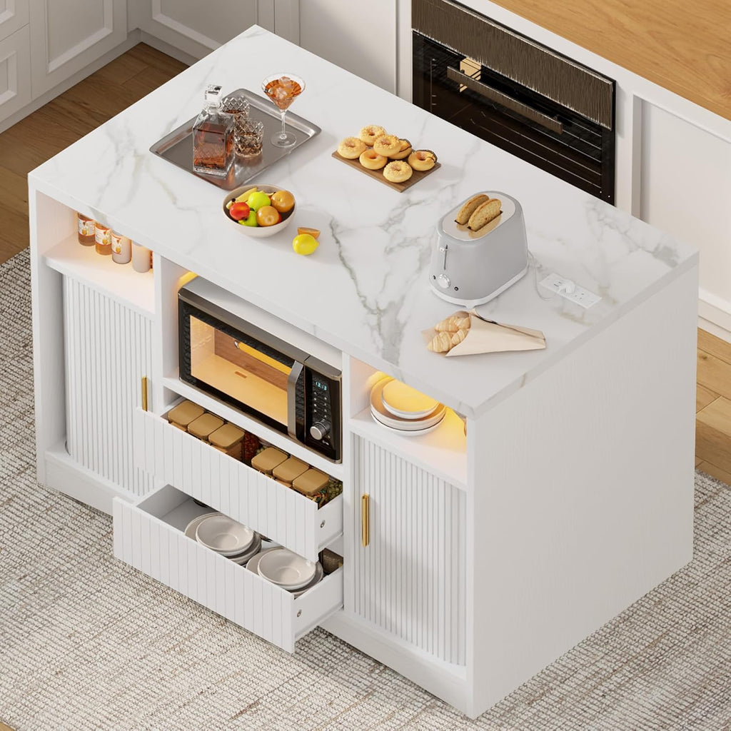Kitchen Island with Storage, Island Table for Kitchen with Power Outlet & LED Light, Rolling Buffet Cabinet with Fluted Sliding Door, 2 Drawers, Large Countertop, White