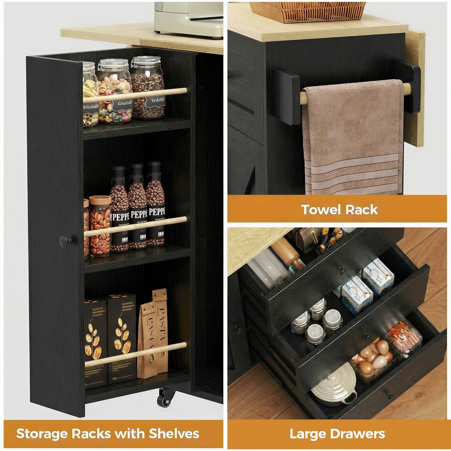 IRONCK Kitchen Island with Storage, 47.2in Rolling Island on Wheels, Kitchen Cart with Drop Leaf, 3 Spacious Drawers, Storage Cabinets and Towel Rack for Home, Dining Room