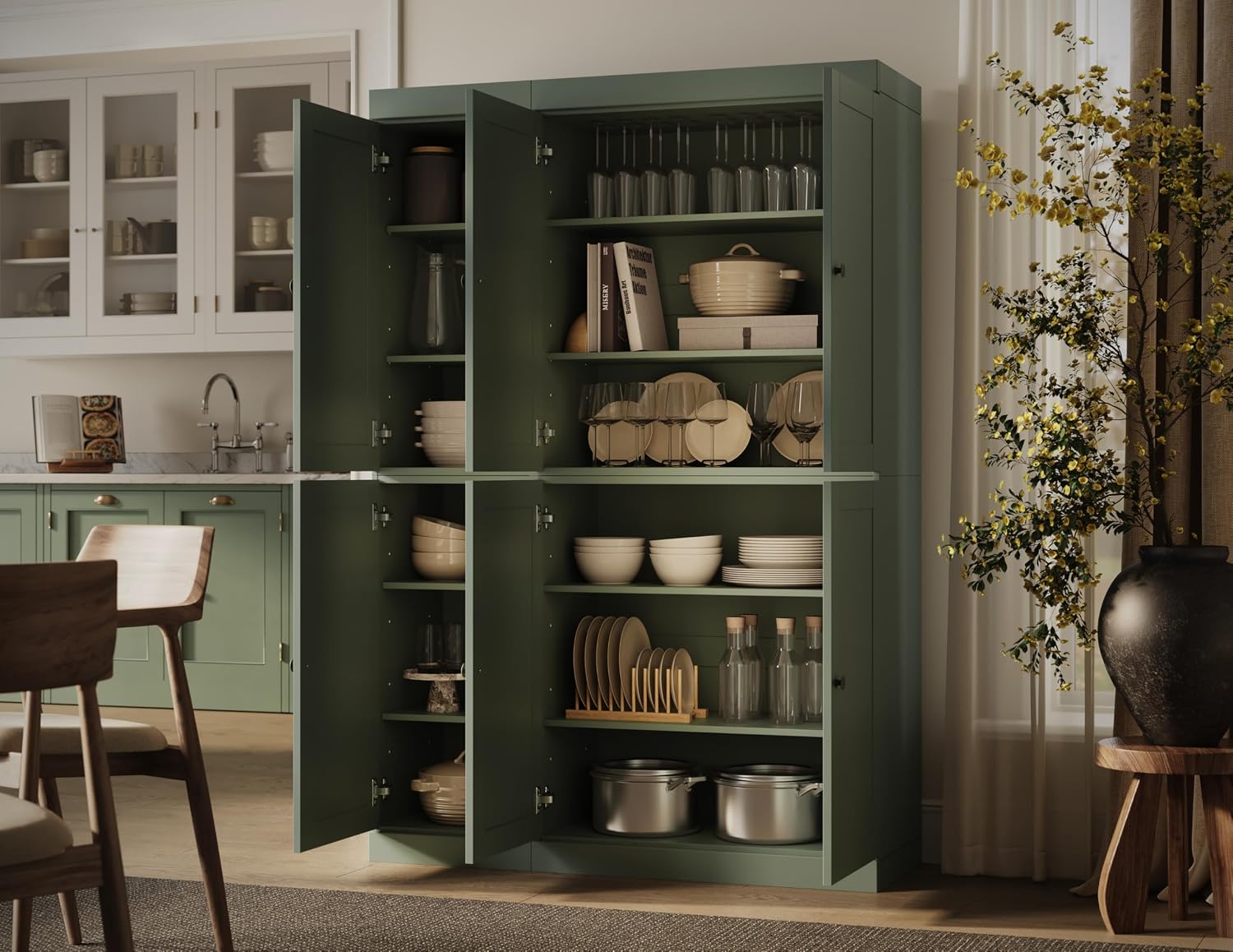 Palace Imports Solid Wood Kitchen Pantry Cabinet 71.5" Tall, 48.5" Wide – Utility Storage Cabinet w/ 6 Shaker Doors & 8 Adjustable Shelves – Sage, 100% Renewable Eco-Friendly Wood, Made in Brazil