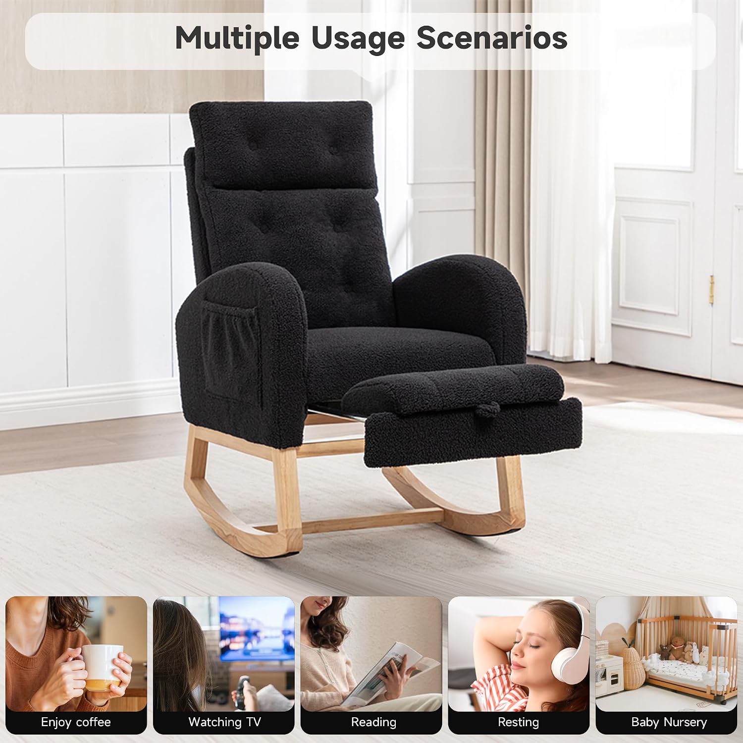 MINCETA Nursery Rocking Chair with Retractable Footrest, Teddy Fabric Upholstered Glider Rocker with High Backrest, Modern Accent Chair with Solid Wood Legs for Baby Room Living Room, Black