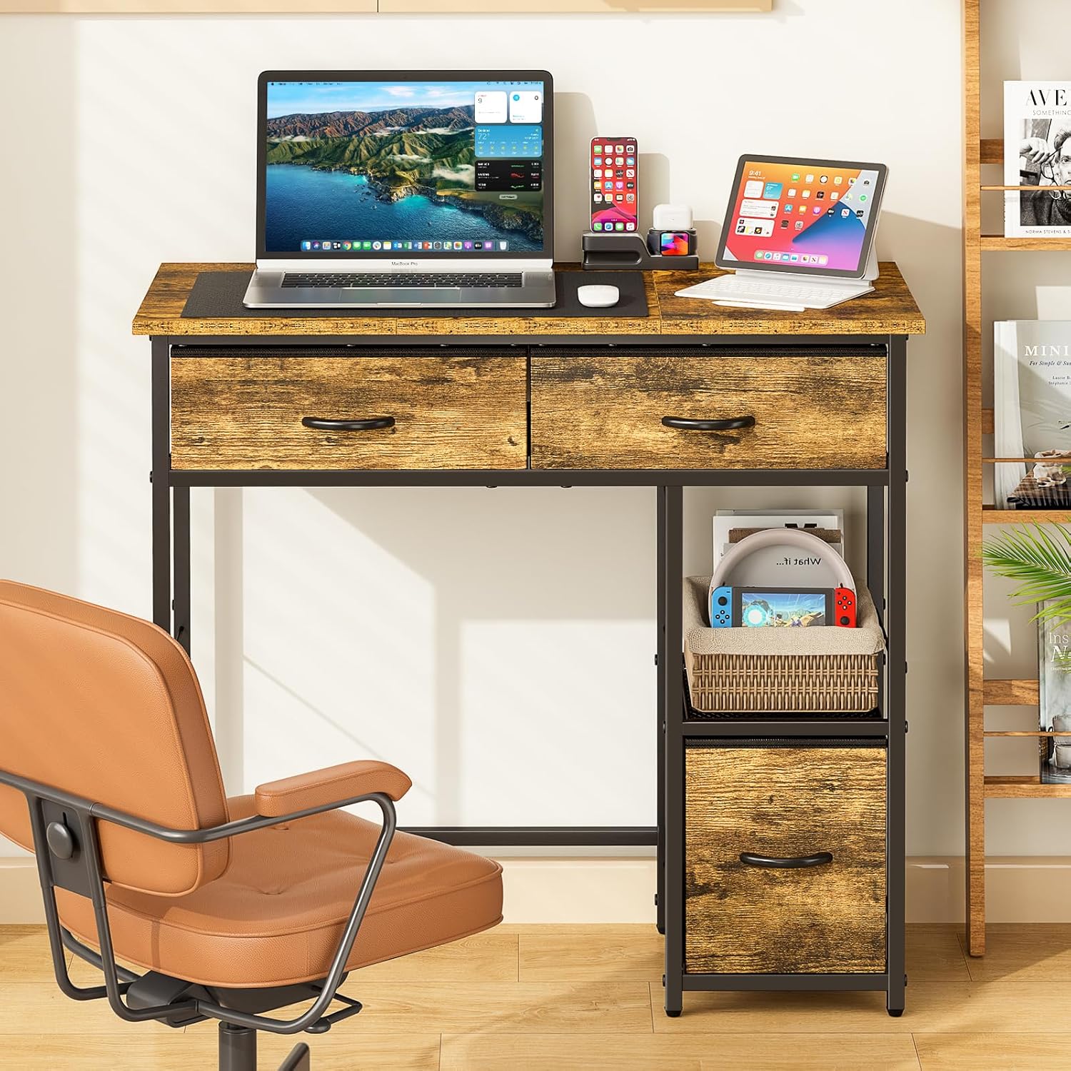 3IngSeagulls 33 Inch Small Computer Desk with Fabric Drawers, Home Office Desk with Storage Shelf, Compact Desks for Small Spaces, Teen Study Table for Bedroom, Rustic Brown
