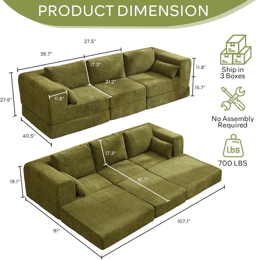 STHOUYN 106" Chenille Folding Convertible Sleeper Sofa Bed, Green Pull Out Floor Modular Couch with Pillow, Memory Foam Boneless Couchs Sectional for Living Room Bedroom (3, Green)