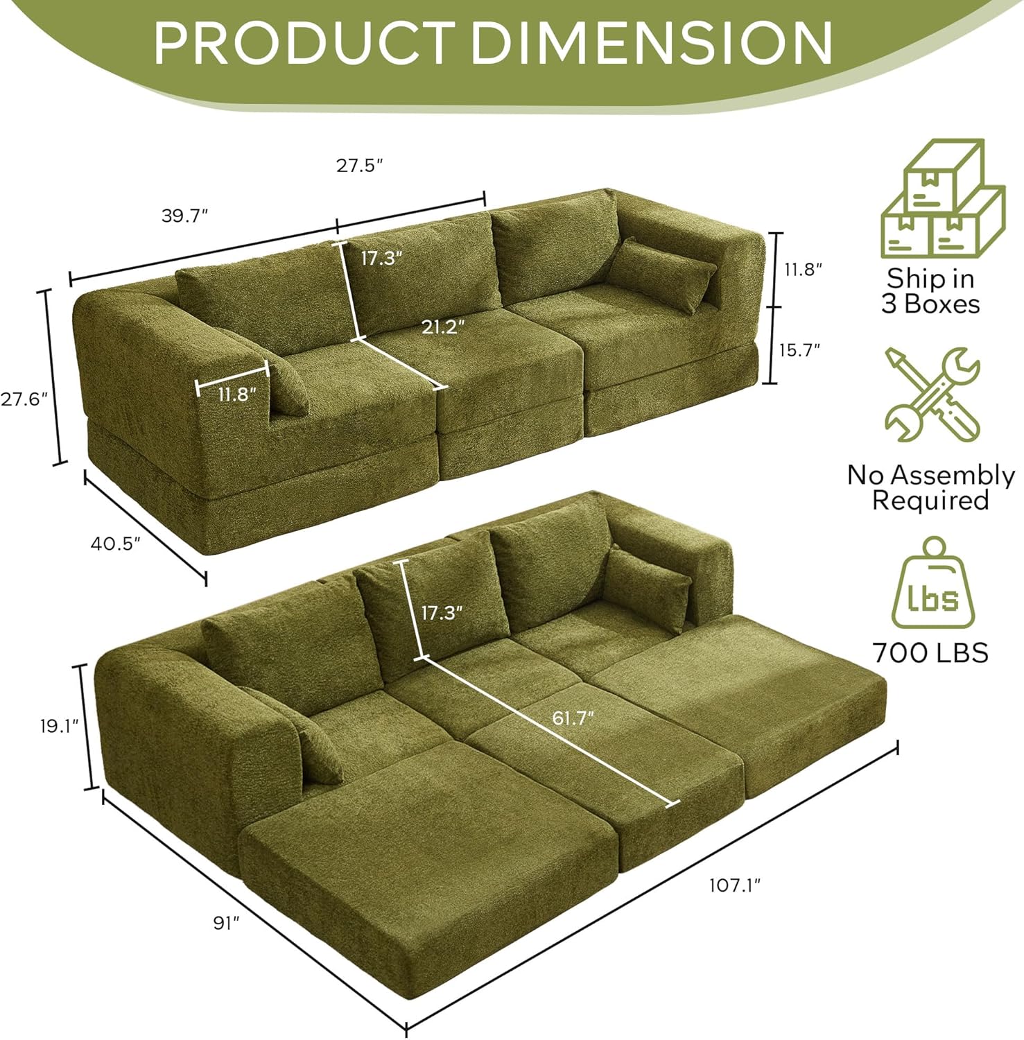 STHOUYN 106" Chenille Folding Convertible Sleeper Sofa Bed, Green Pull Out Floor Modular Couch with Pillow, Memory Foam Boneless Couchs Sectional for Living Room Bedroom (3, Green)
