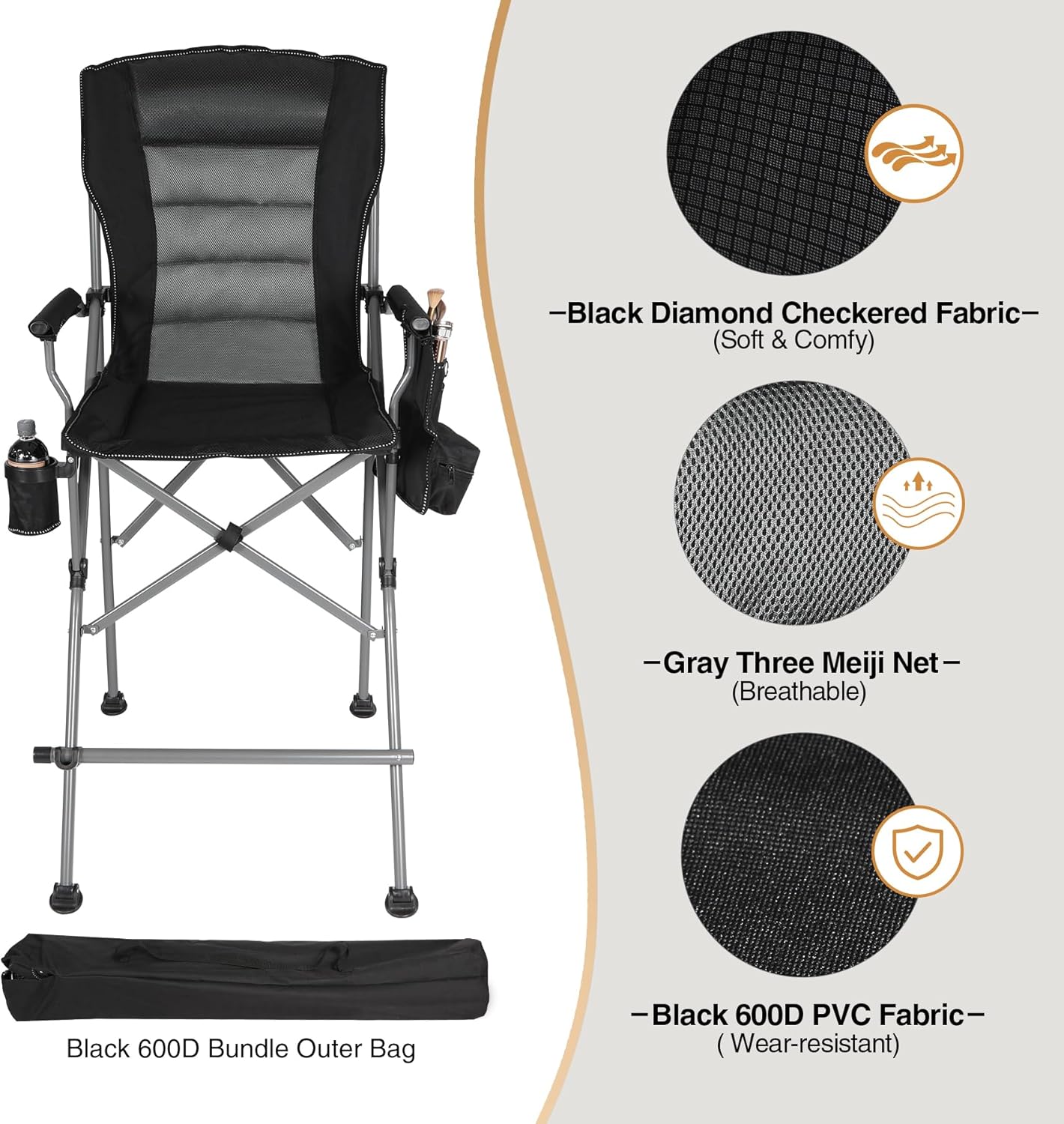 Extra Tall Folding Chairs for Adults 330lbs, Portable Bar Height Foldable Director Chairs for Camping Outside, Comfortable with Makeup Pocket, High Back and Footrest, Black