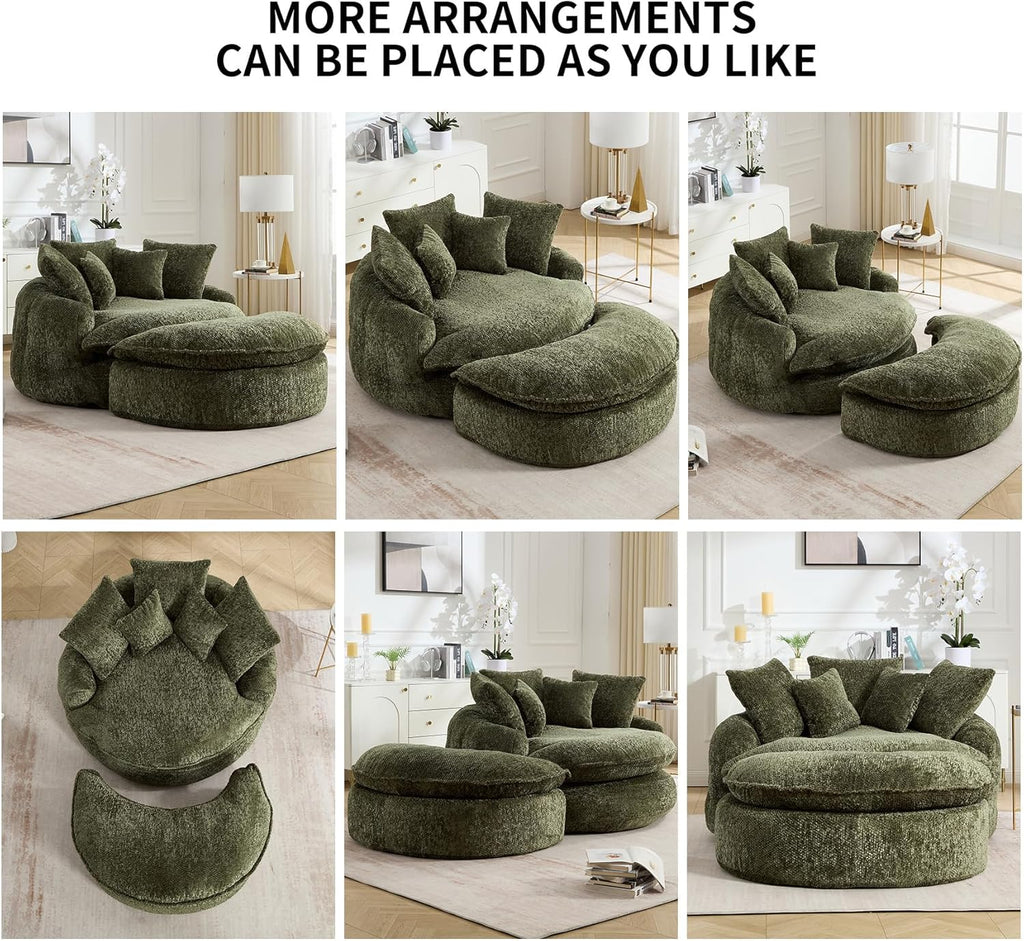 Round Oversized Lounge Chair with Ottoman - Cloud Comfy Boneless Sofa Chair for Living Room Relaxation (Olive Green, Chair and Ottoman)
