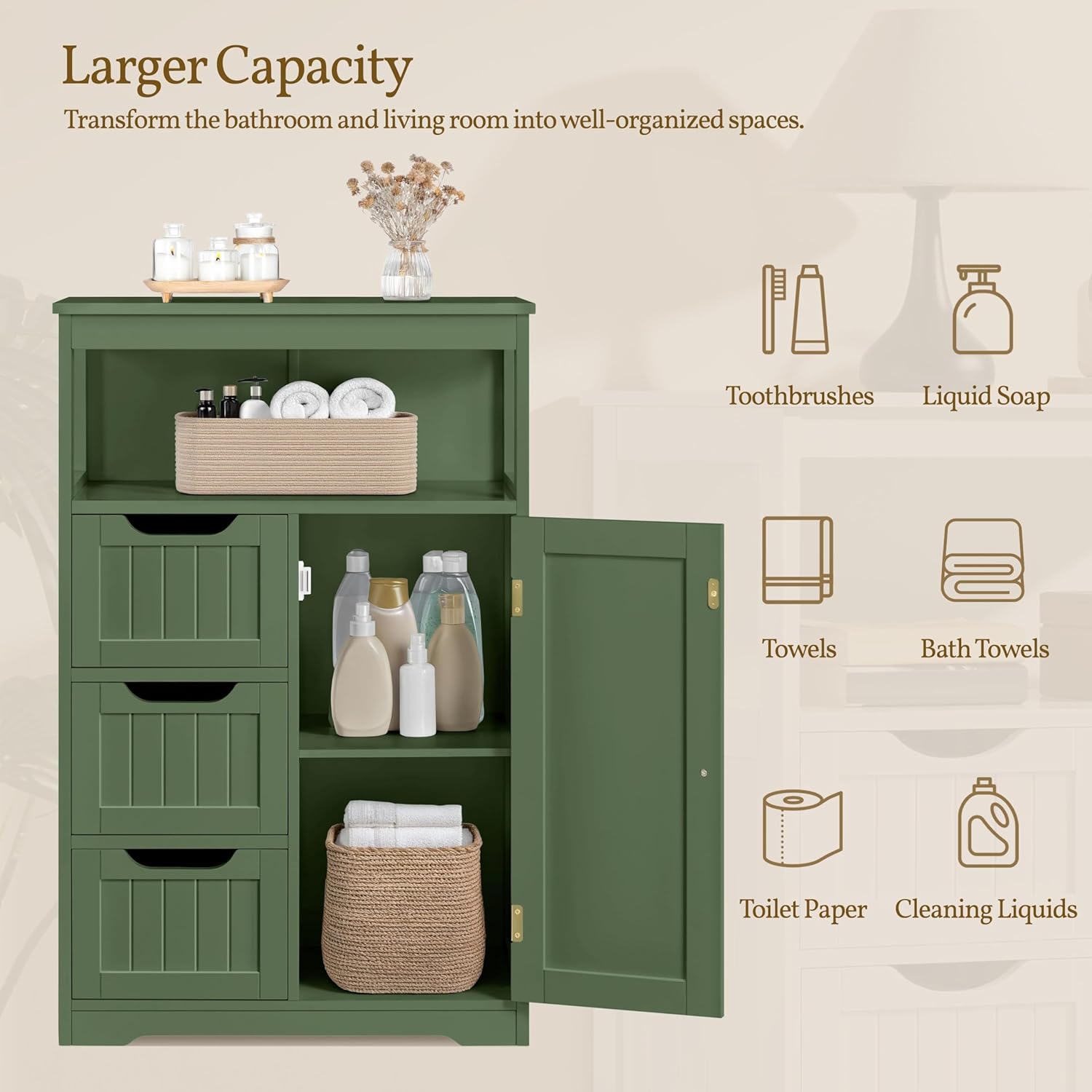 Yaheetech Bathroom Storage Cabinet, Storage Organizer with 1 Door and 3 Drawers, Adjustable Shelf, Free-Standing Floor Cabinet Cupboard for Kitchen/Living Room/Bathroom, Green
