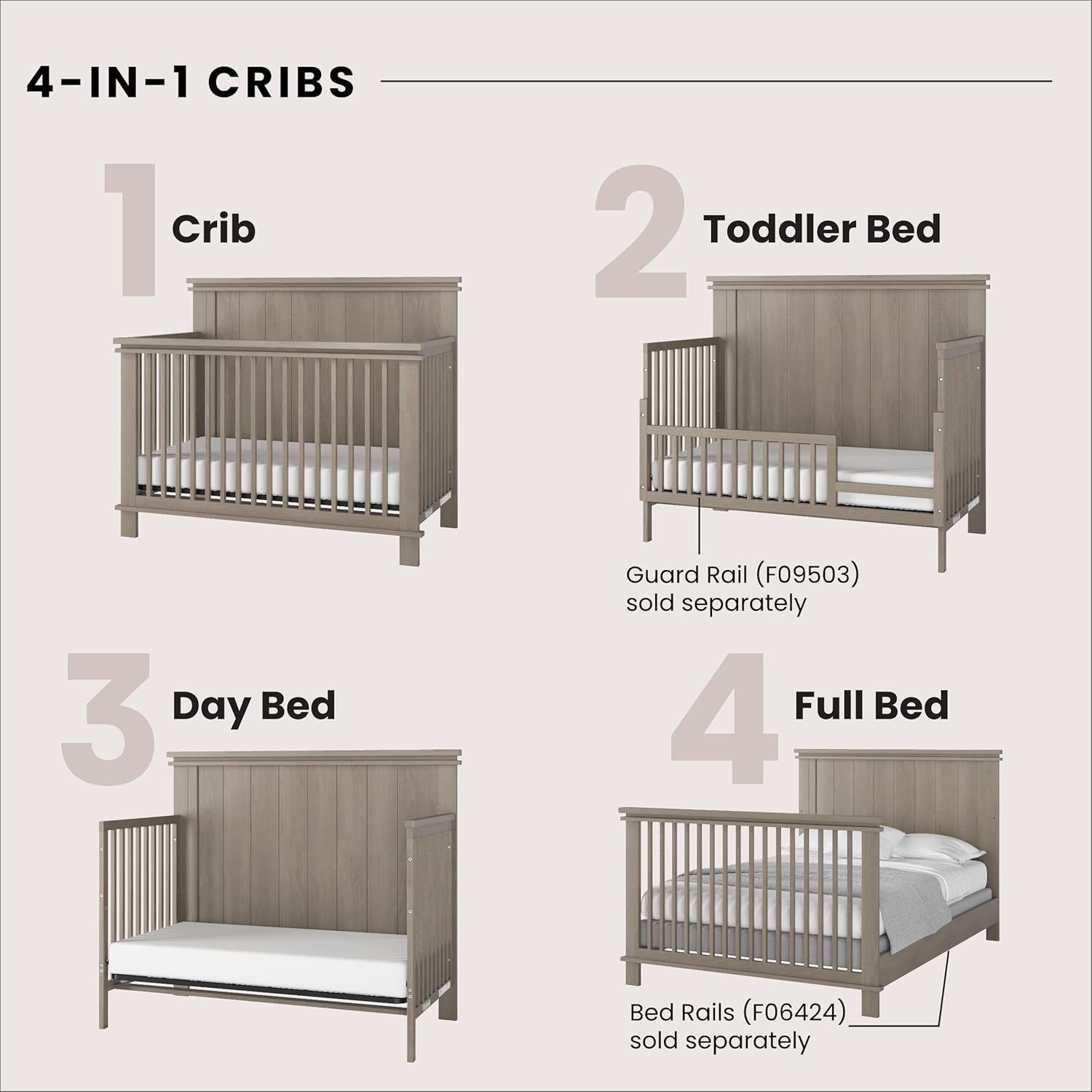 Child Craft Denman Crib, Dresser, Chest, and Nightstand 4-Piece Nursery Set, Grows with Your Baby (Crescent Gray)