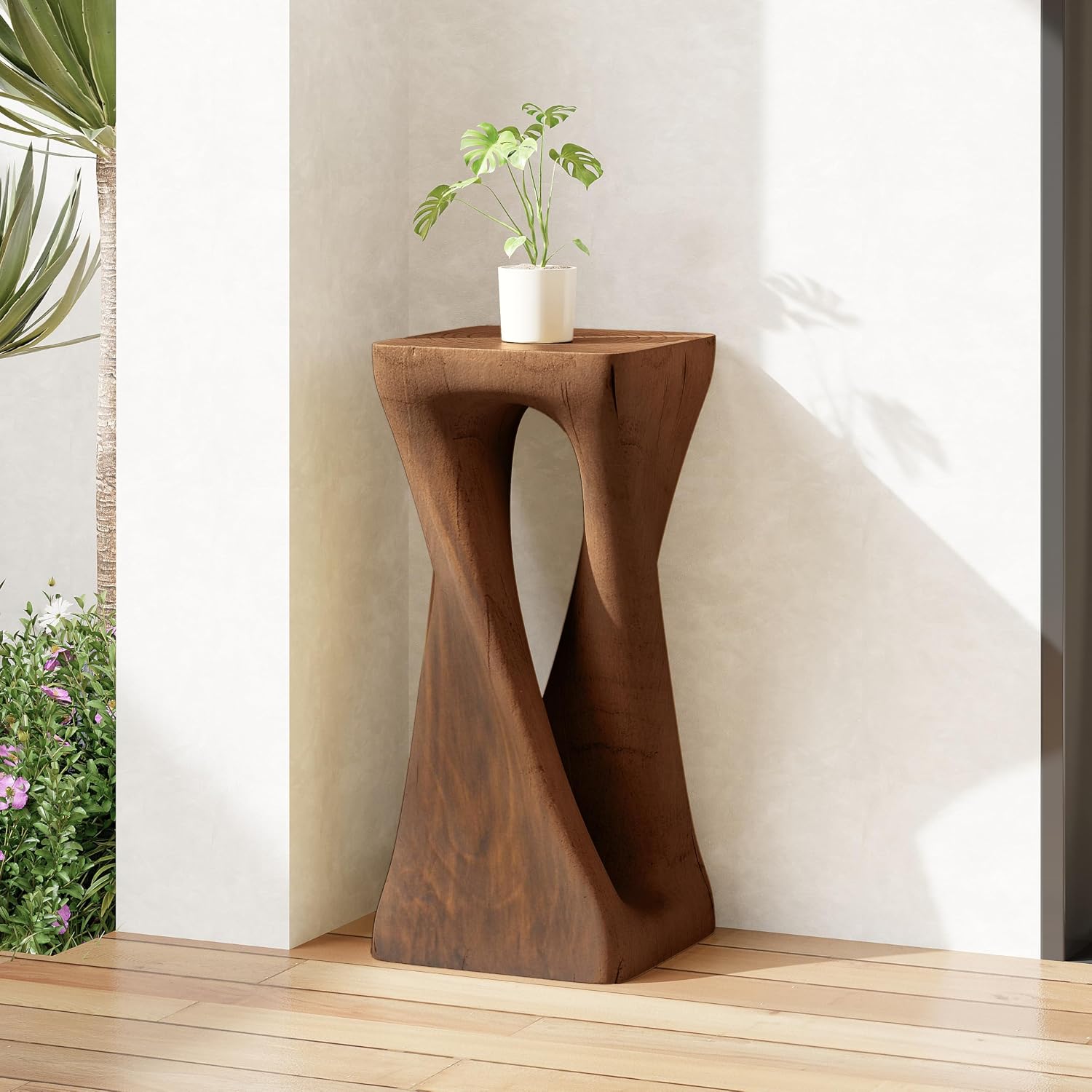 IRONORA Twisted Hollow Wood Grain Pedestal Side Table, Rustic Hourglass Sculpture Accent End Table, Heavy Duty Decorative Console Table for Entryway Living Room Wabi Sabi Farmhouse Decor