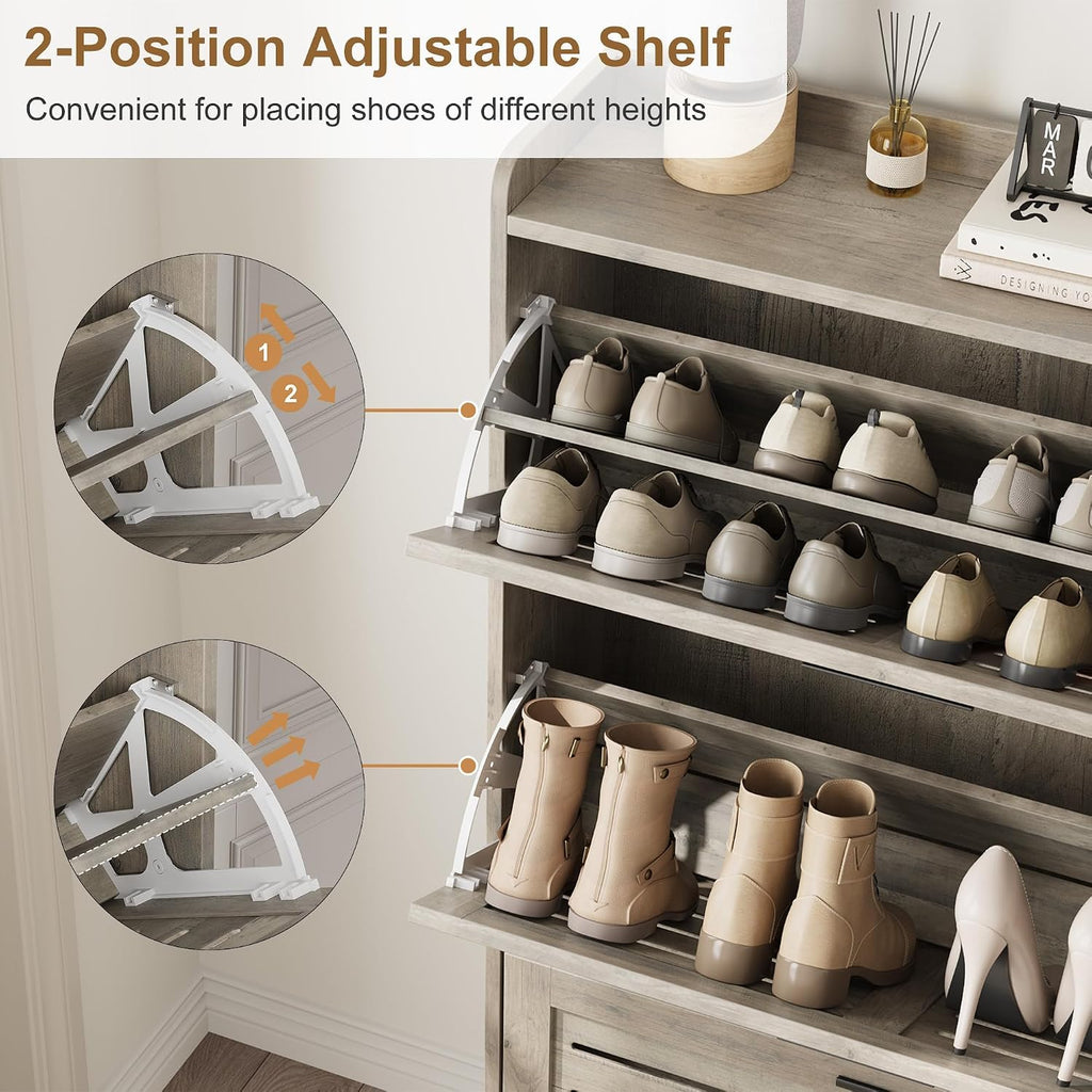 IDEALHOSUE Shoe Cabinet Storage for Entryway, Slim Shoe Storage Cabinet with 3 Flip Drawers, Freestanding Hidden Narrow Shoe Organizer Cabinet with Hooks for Entrance, Foyer, Hallway, Gray