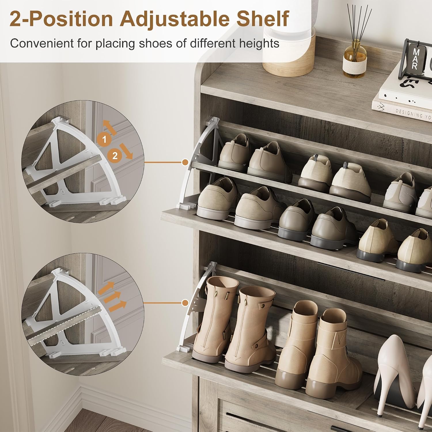 IDEALHOSUE Shoe Cabinet Storage for Entryway, Slim Shoe Storage Cabinet with 3 Flip Drawers, Freestanding Hidden Narrow Shoe Organizer Cabinet with Hooks for Entrance, Foyer, Hallway, Gray