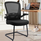 CLATINA Office Guest Chair Sled Base, Ergonomic Mesh Desk Chair Adjustable Lumbar Support and Flip Up Arms, Office Guest & Reception Chairs no Wheels for Conference Room, Black (1PK)