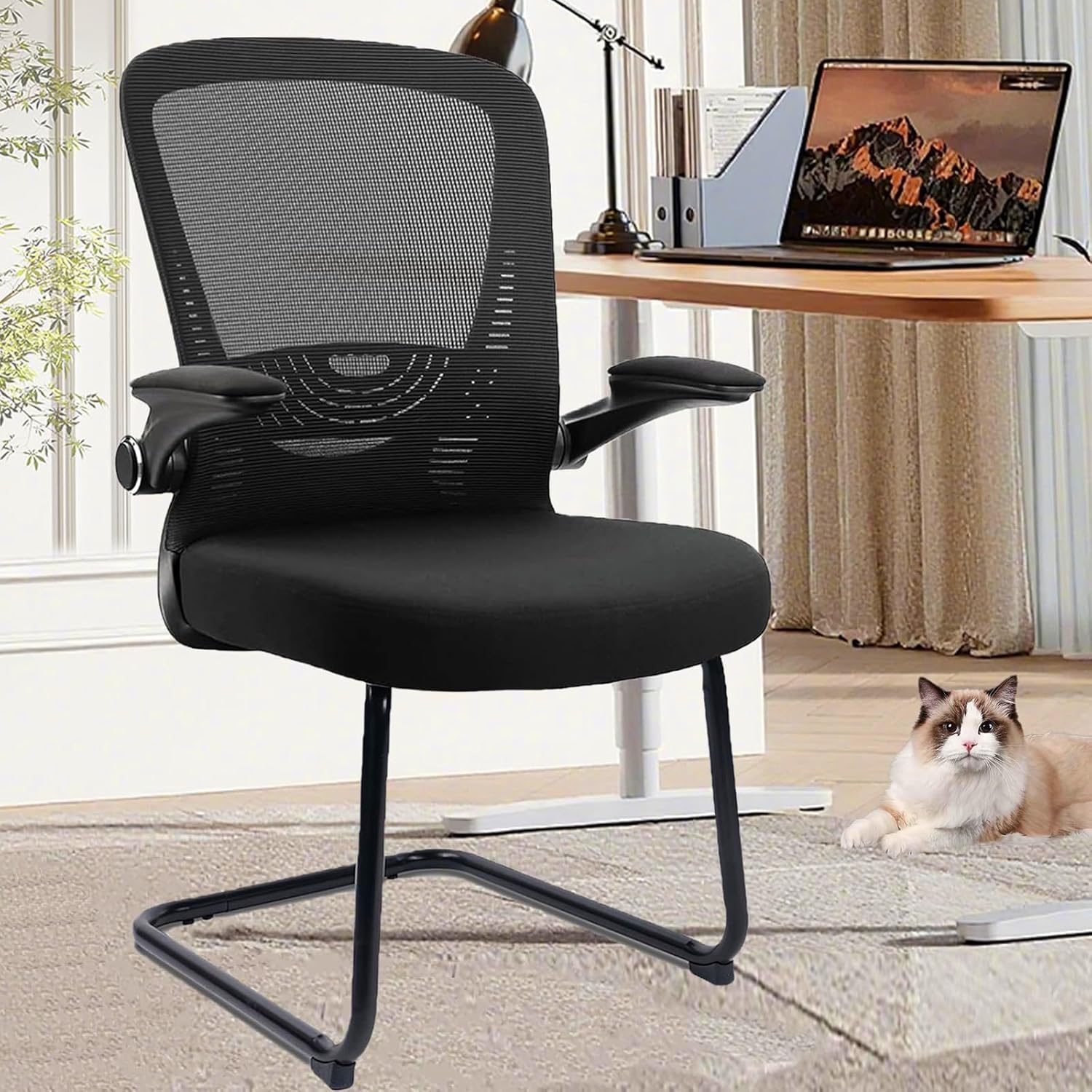 CLATINA Office Guest Chair Sled Base, Ergonomic Mesh Desk Chair Adjustable Lumbar Support and Flip Up Arms, Office Guest & Reception Chairs no Wheels for Conference Room, Black (1PK)