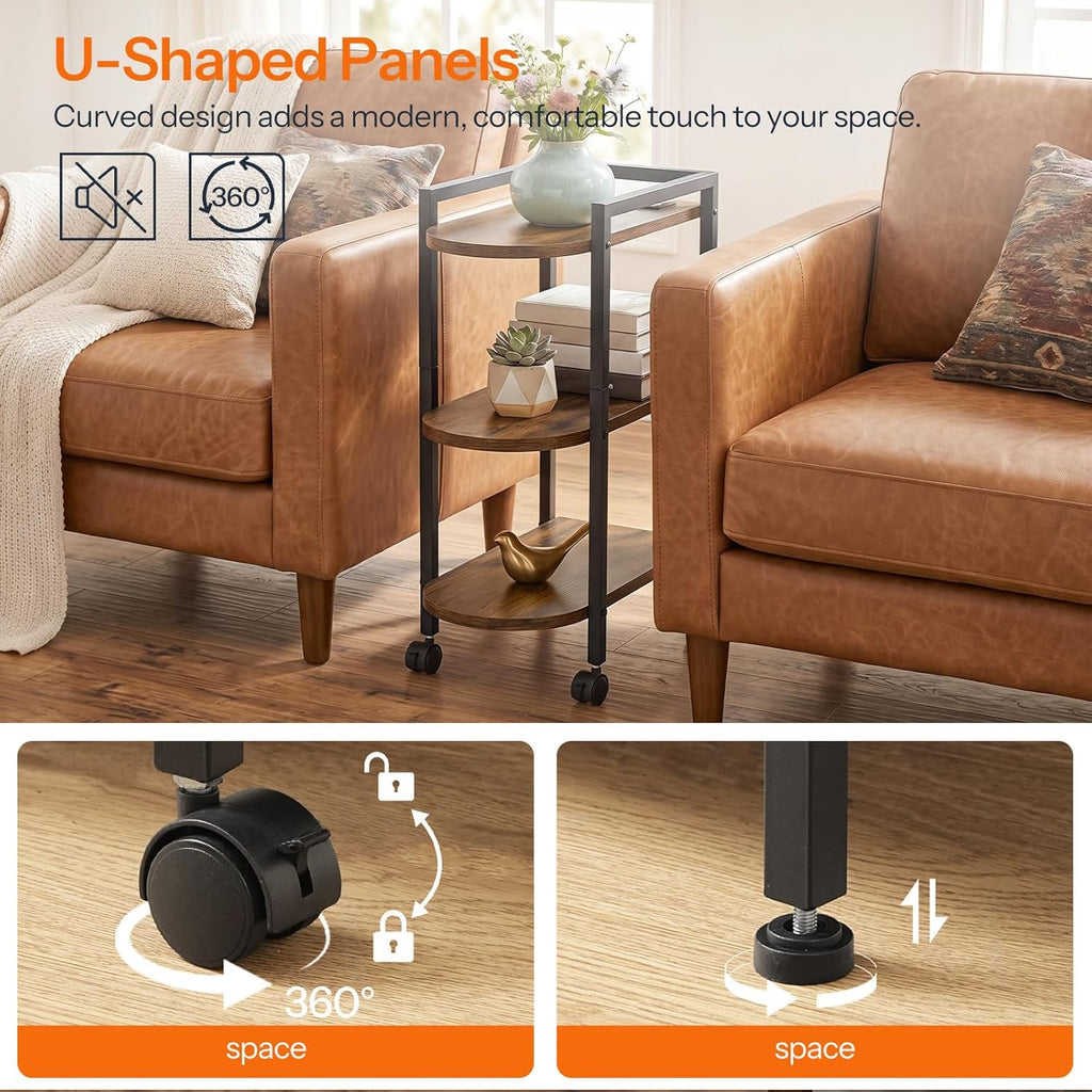 HOOBRO End Table, Rolling Narrow Side Table with Charging Station, with Adjustable Feet and Wheels, Narrow Slim Beside Table for Small Spaces, Living Room, Rustic Brown and Black BF365UBZ01