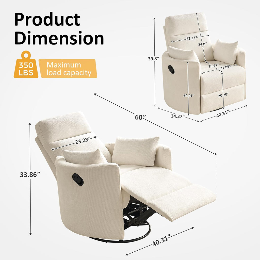 Nursery Rocking Chair, Oversized 360° Swivel Glider Recliner Chair, Chenille Silent Nursery Rocker with 2 Pillows and Footrest, Cozy Reclining Sofa for Living Room, Bedroom, Nursing, Beige