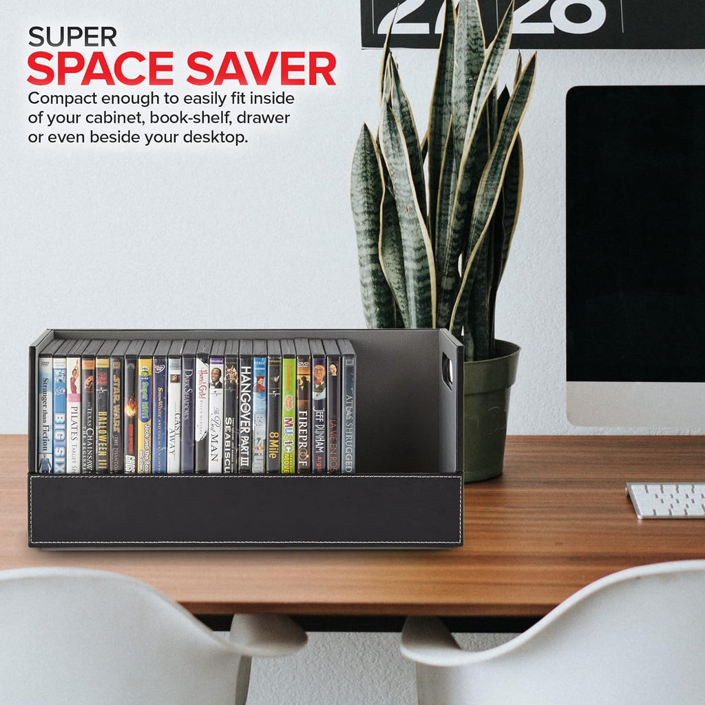 Stock Your Home DVD Storage Box, Movie Shelf Organizer for Blu-Ray, Video Game Cases, CDs, VHS Tape Display Stand, Disc Holder Can Store Up to 28 DVDs, Faux Leather (Black) 2 Pack