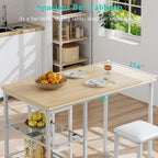 VECELO Small Bar Table and Chairs Set for 2, Upholstered Stools & Glass Storage Shelves, for Kitchen Dining Breakfast Nook, Space-Saving, Natural & White