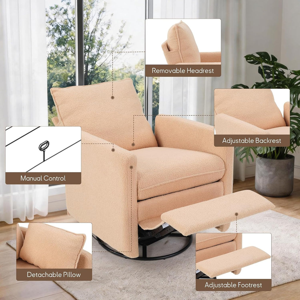 CANMOV Swivel Rocker Recliner Chair, Teddy Upholstered Nursery Glider Chair, Manual Reclining Chair with Two Removable Pillows for Living Room (Camel)