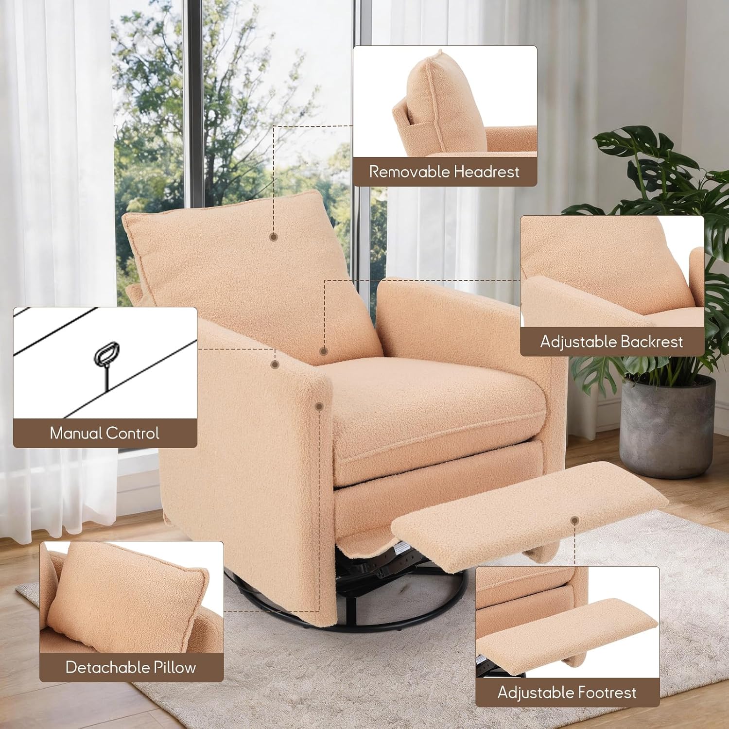 CANMOV Swivel Rocker Recliner Chair, Teddy Upholstered Nursery Glider Chair, Manual Reclining Chair with Two Removable Pillows for Living Room (Camel)