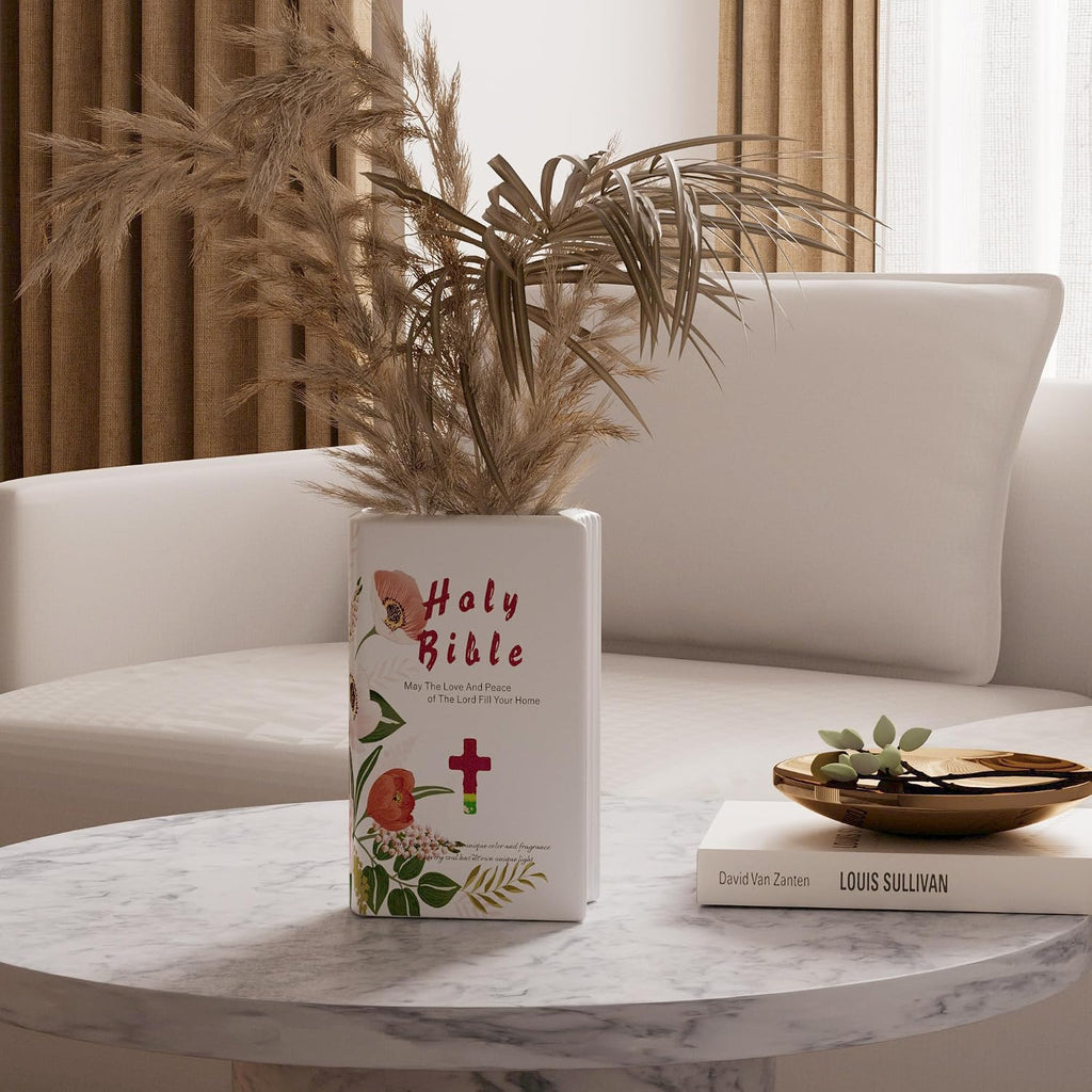 Holy Bible Book Vase, Cute Unique Ceramic Flower Vase - Pink Home Office Desk Accessories Decor, Prayer Room Bookshelf Decorations - Book Lovers Gifts, Religious or Christian Gifts for Women Mom