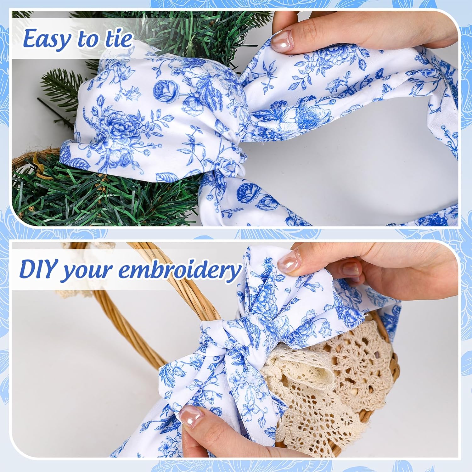 Whaline 2 Pcs Blue Flower Wreath Sash for Front Door Chinoiserie Floral Garland Ribbon for Holiday Party Home Decor Indoor Outdoor