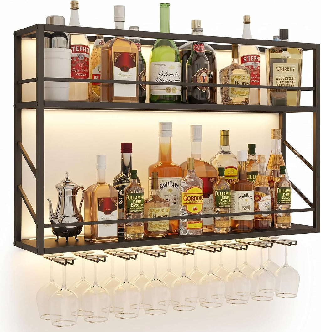 2-Tier Wall Mounted Wine Rack with LED, 31.5”W x 7.8”D x 26”H | Metal Bar Liquor Shelves and Glass Holder,Wall Bar Shelf Wine Display Storage Holder for Home Bar, Dining Room, Kitchen