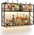 2-Tier Wall Mounted Wine Rack with LED, 31.5”W x 7.8”D x 26”H | Metal Bar Liquor Shelves and Glass Holder,Wall Bar Shelf Wine Display Storage Holder for Home Bar, Dining Room, Kitchen