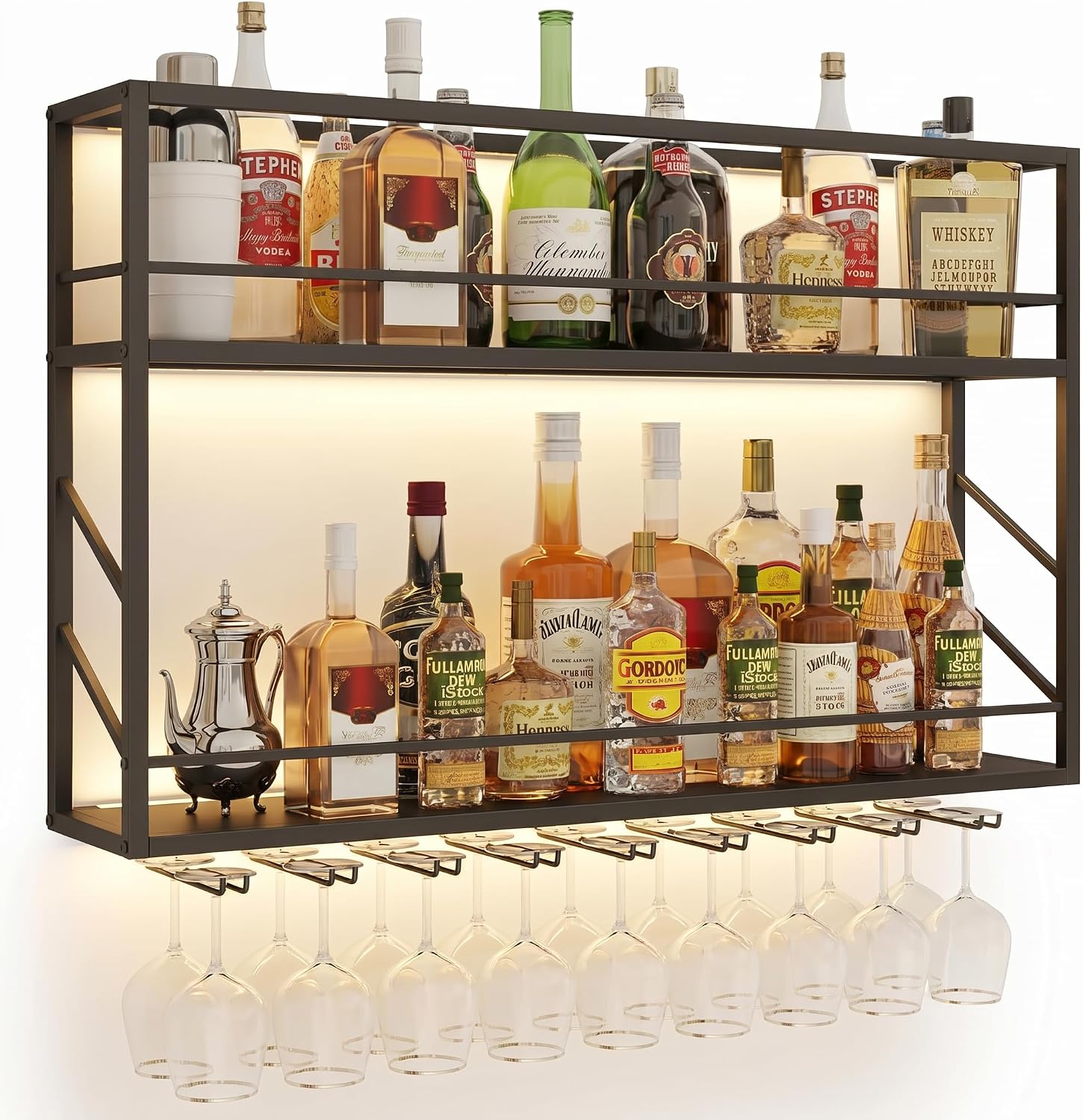 2-Tier Wall Mounted Wine Rack with LED, 31.5”W x 7.8”D x 26”H | Metal Bar Liquor Shelves and Glass Holder,Wall Bar Shelf Wine Display Storage Holder for Home Bar, Dining Room, Kitchen