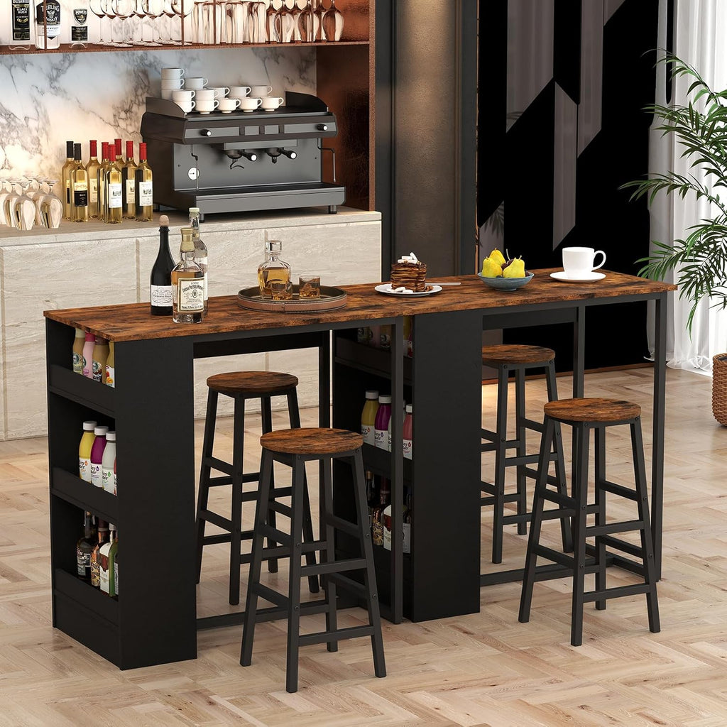 COSTWAY 3-Piece Bar Table Set, 36" Counter Height Breakfast Table with 3 Storage Shelves & 2 Round Stools, Rectangular Kitchen Table Set for 2, for Dining Room, Living Room, Rustic Brown and Black