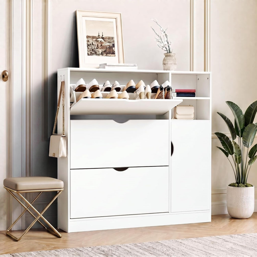 GRUSIGN Shoe Storage Cabinet with 3 Flip Drawers and Storage Space, Adjustable Shelf, Large Capacity Shoe Cabinet for Entryway,Hallway, Mudroom (White)