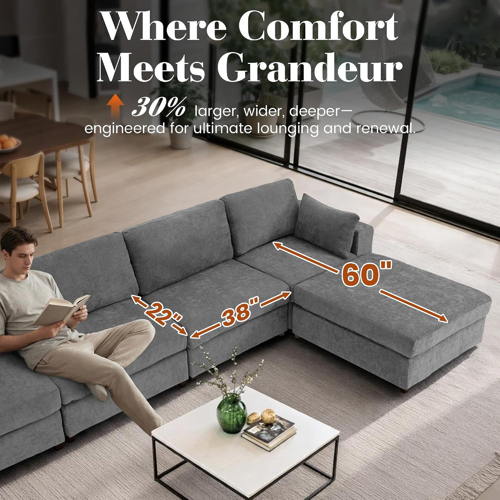 113" Oversized Sectional Sofa Set, Extra Large Modular Couch with Ottoman, Upholstered Chenille Cloud Couch Deep Seat Sofa Cushion Covers Removable for Living Room (4 Seater L Shaped Light Grey)