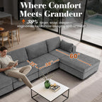 113" Oversized Sectional Sofa Set, Extra Large Modular Couch with Ottoman, Upholstered Chenille Cloud Couch Deep Seat Sofa Cushion Covers Removable for Living Room (4 Seater L Shaped Light Grey)