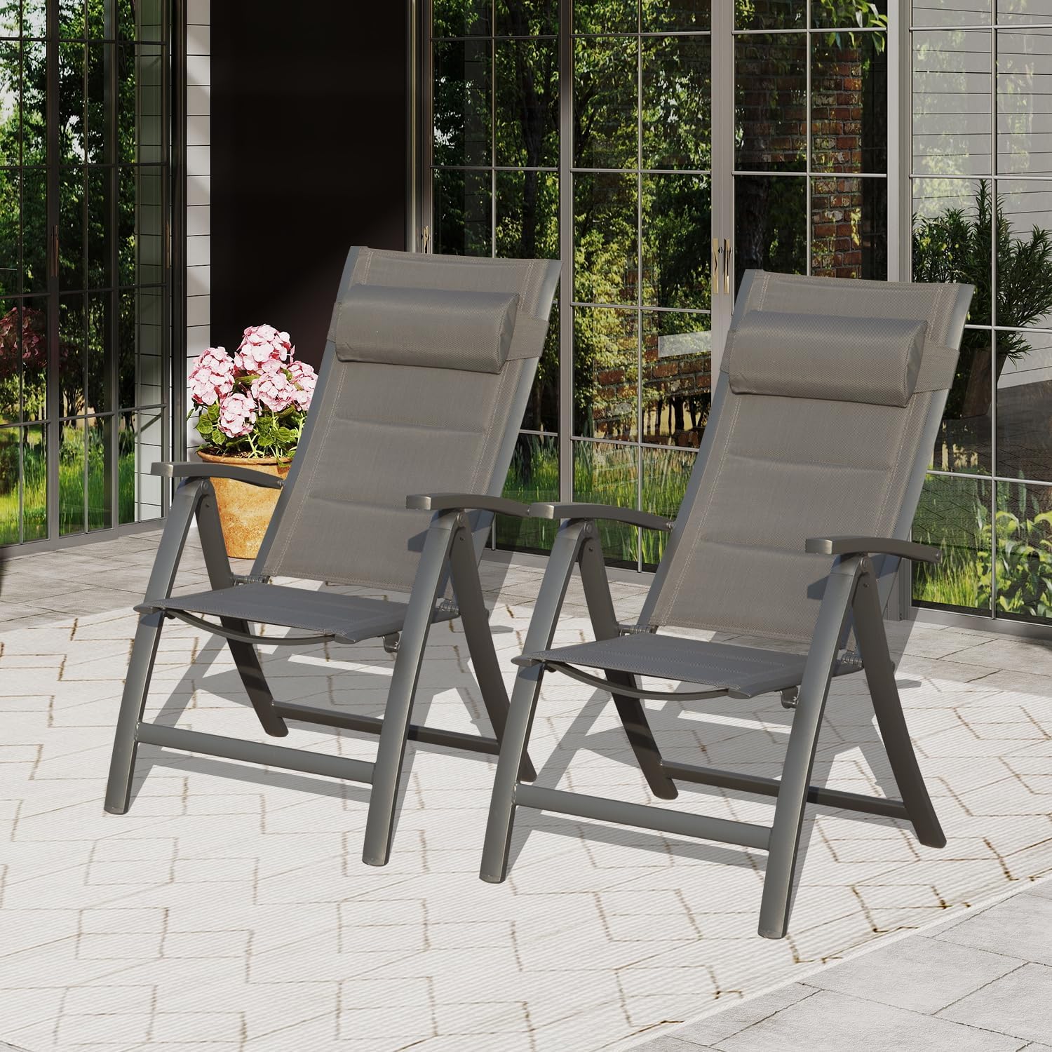 Domi Patio Outdoor Sling Chairs Set of 2 with Moveable Headrest, Folding Chairs Outdoor Reclining Camping Chairs with Armrest Adjustable High Backrest and Padded Textilene Fabric Seat