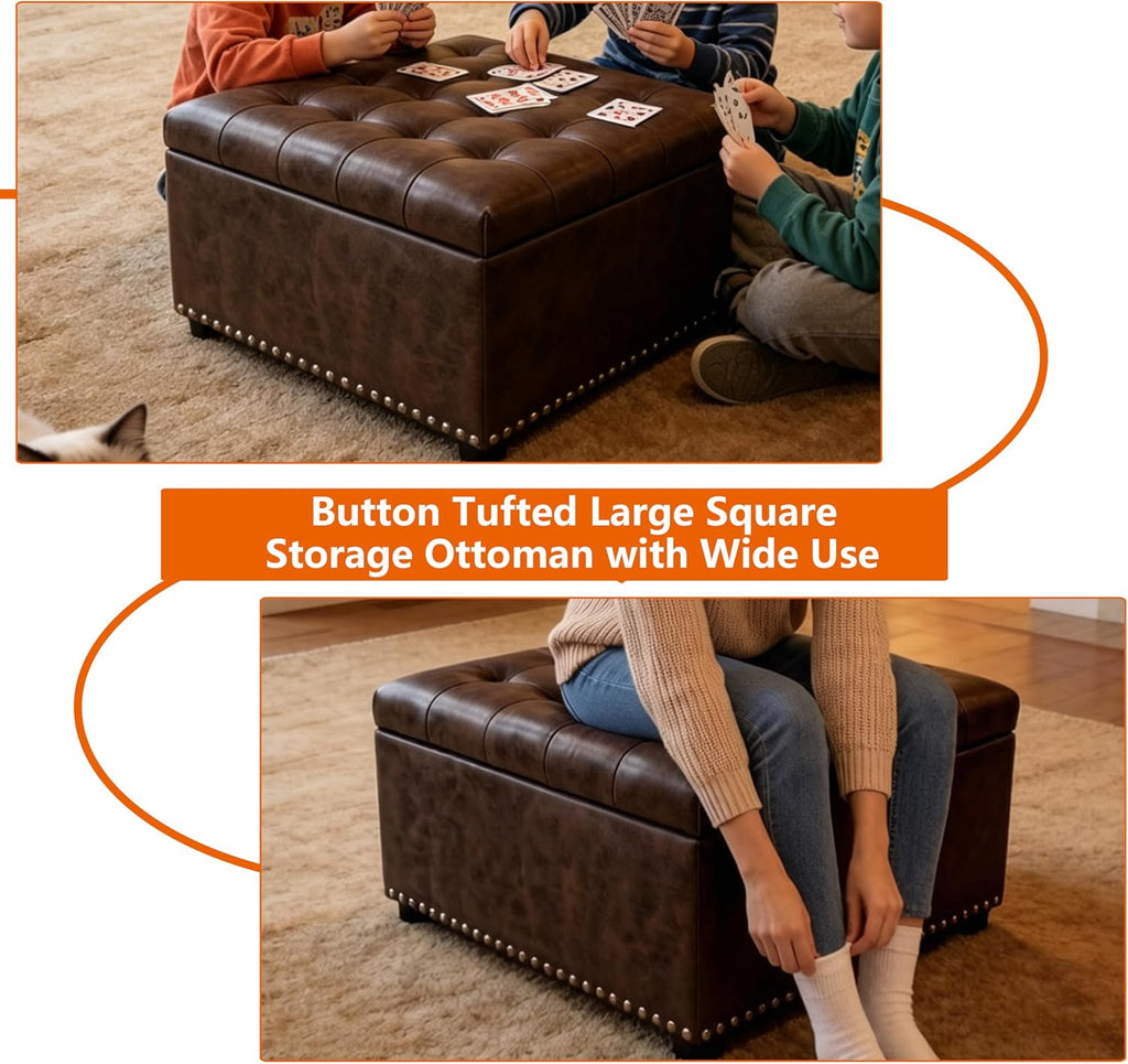 Brown PU Leather Large Square Storage Ottoman with Nailhead Trim for Living Room,30" Vintage Faux Leather Upholstered Ottoman Coffee Table,Tufted Ottomans with Storage and Seating