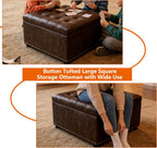 Brown PU Leather Large Square Storage Ottoman with Nailhead Trim for Living Room,30" Vintage Faux Leather Upholstered Ottoman Coffee Table,Tufted Ottomans with Storage and Seating