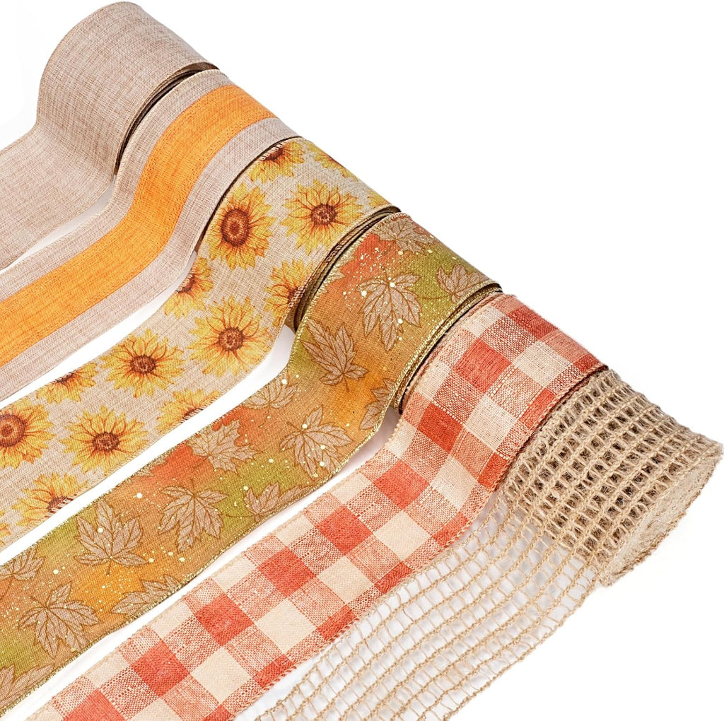 LaRibbons Fall Ribbon Wired 2.5" x 6 Yards Each Roll, Sunflower, Harvest Leaves, Plaid & Deco Mesh Faux Linen Ribbon for Wreaths, Farmhouse Decor, Autumn Crafts