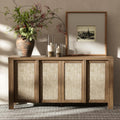 Yechen Buffet Cabinet with Storage, 63" Wide Sideboard with Solid Wood Handles and Rattan Look Accent Doors, Flexible Shelves, for Living Room, Kitchen, Natural Walnut