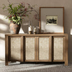 Yechen Buffet Cabinet with Storage, 63" Wide Sideboard with Solid Wood Handles and Rattan Look Accent Doors, Flexible Shelves, for Living Room, Kitchen, Natural Walnut