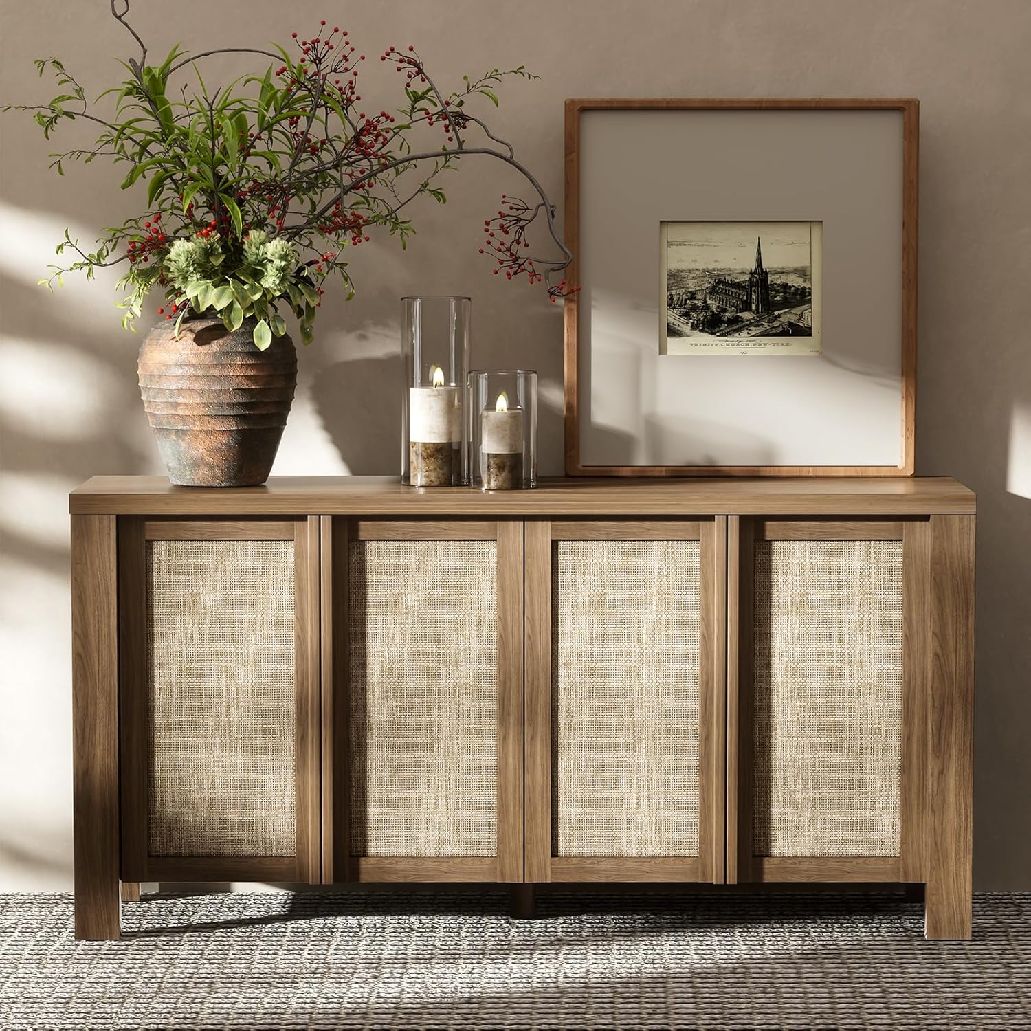 Yechen Buffet Cabinet with Storage, 63" Wide Sideboard with Solid Wood Handles and Rattan Look Accent Doors, Flexible Shelves, for Living Room, Kitchen, Natural Walnut