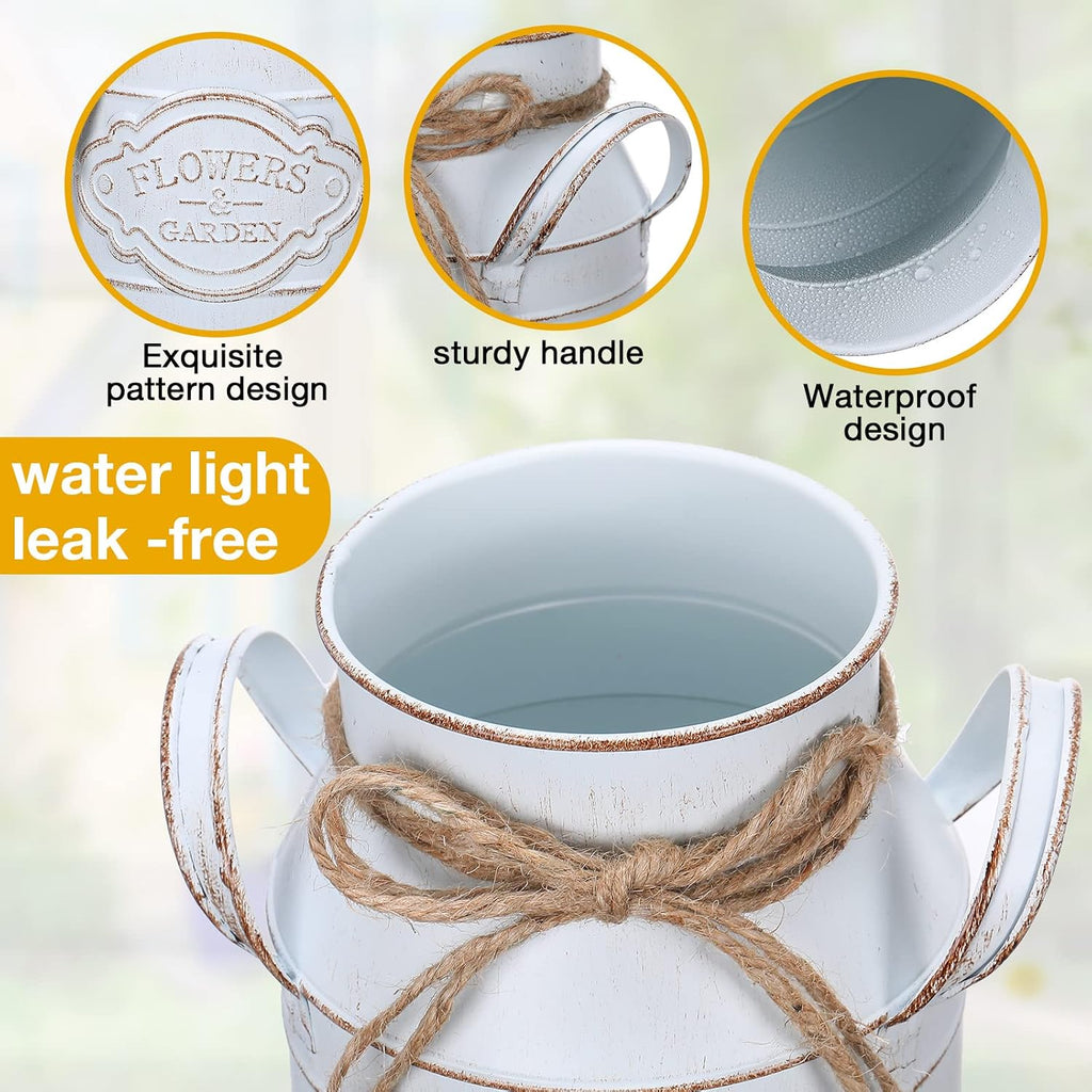 Roshtia 16 Pcs 6 Inch Metal Milk Can Jug Bulk Vintage Galvanized Milk Vase Rustic Farmhouse Flower Bucket French Shabby Chic Decor with Handle for Home Wedding Table Centerpiece (Retro White)