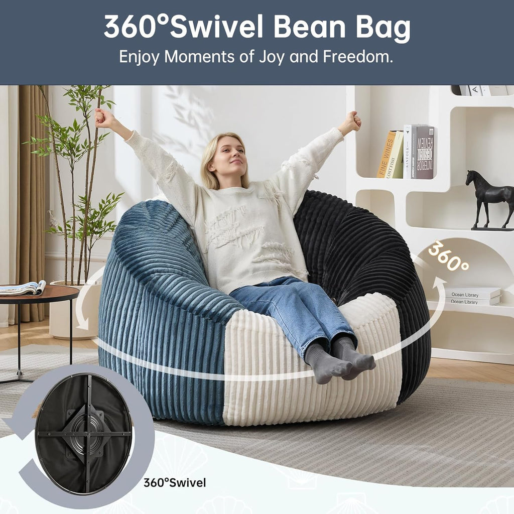 Swivel Giant Bean Bag Chair for Adults, Oversized Corduroy Boneless Chair Plush Round Soft Floor Chair Beanbag Sofa Lounge for Living Room, Bedroom, Game Room, Blue and Grey