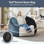 Swivel Giant Bean Bag Chair for Adults, Oversized Corduroy Boneless Chair Plush Round Soft Floor Chair Beanbag Sofa Lounge for Living Room, Bedroom, Game Room, Blue and Grey