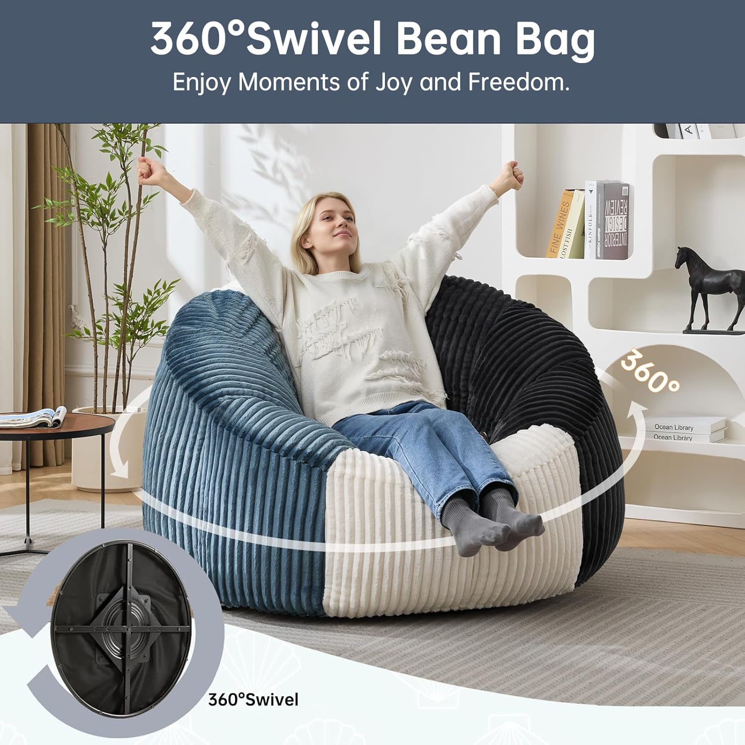 Swivel Giant Bean Bag Chair for Adults, Oversized Corduroy Boneless Chair Plush Round Soft Floor Chair Beanbag Sofa Lounge for Living Room, Bedroom, Game Room, Blue and Grey
