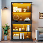Jocoevol Display Cabinet with Glass Doors, 4-Tier Curio Cabinet with with 2 Drawers for Collectibles, Modern Glass Display Case Human Body Sensor & RGB Lights for Living/Game Room (Black)