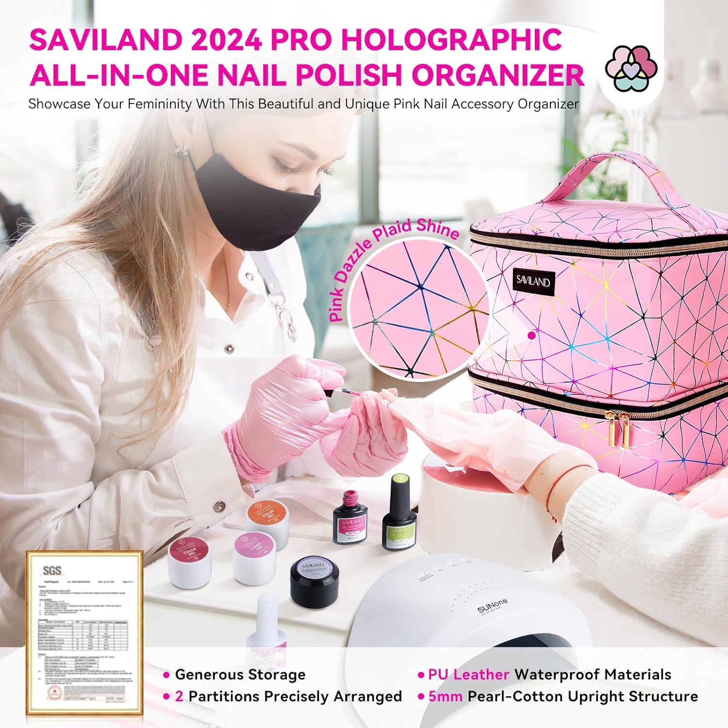 SAVILAND Nail Polish Organizer Bag: PU Leather Nail Polish Storage Organizer Holds 30 Bottles & Nail Lamp, Nail Polish Holder Travel Carrying Case Box Nail Tech Organizer Storage Bag for Nail Supplies