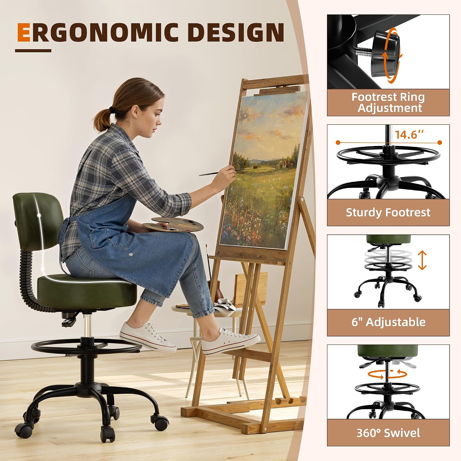 Drafting Chair with Back, Adjustable Foot Rest Rolling Stool(1, Green)