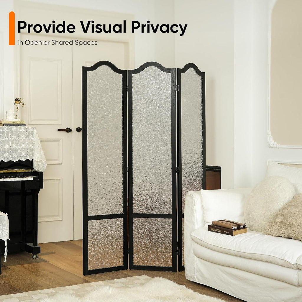 JOSTYLE Acrylic Room Divider, Black, 3-Panel, 67" H x 47.2" W | Folding Privacy Screen, Frosted Glass Like, Wood Frame, For Bedroom Office & Loft