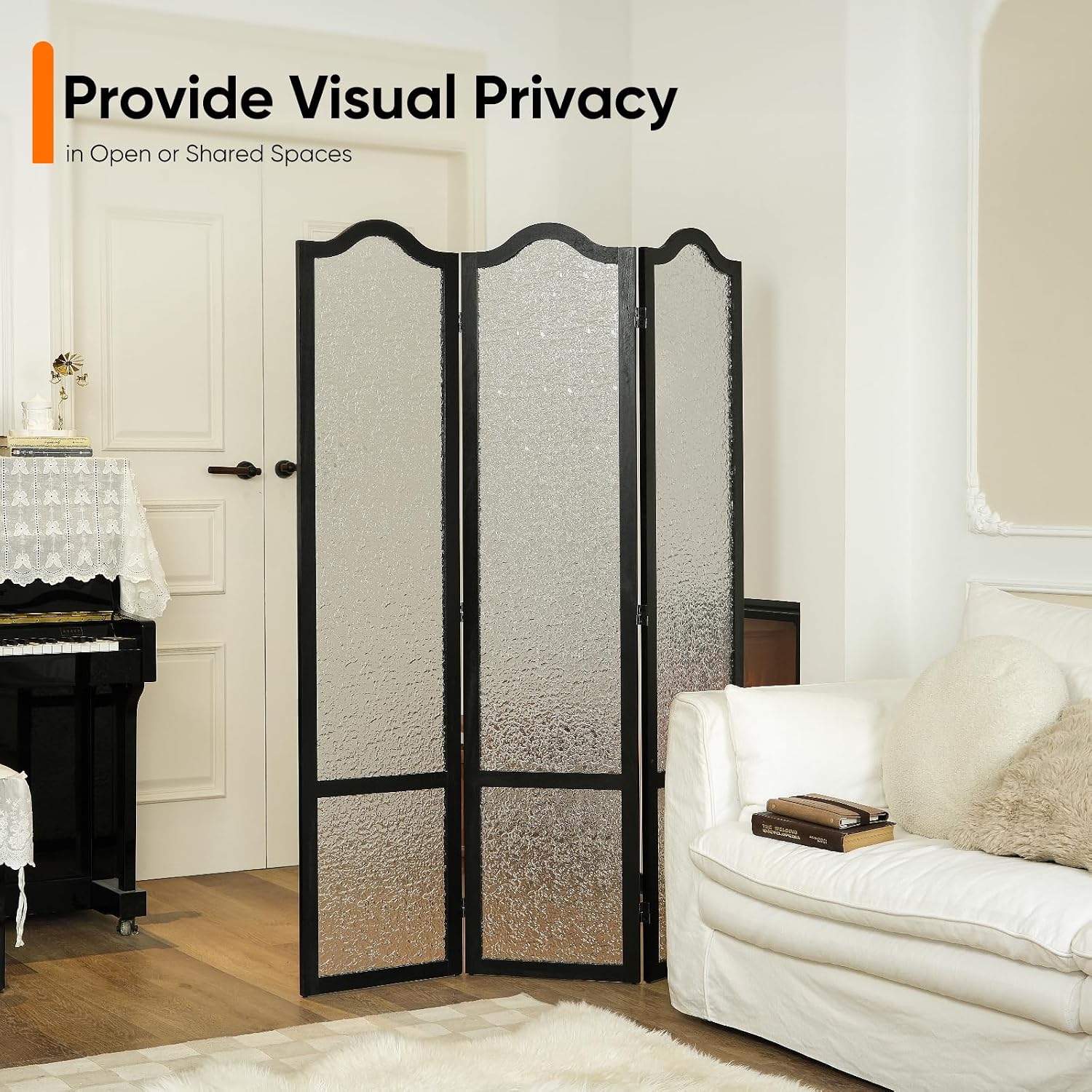 JOSTYLE Acrylic Room Divider, Black, 3-Panel, 67" H x 47.2" W | Folding Privacy Screen, Frosted Glass Like, Wood Frame, For Bedroom Office & Loft