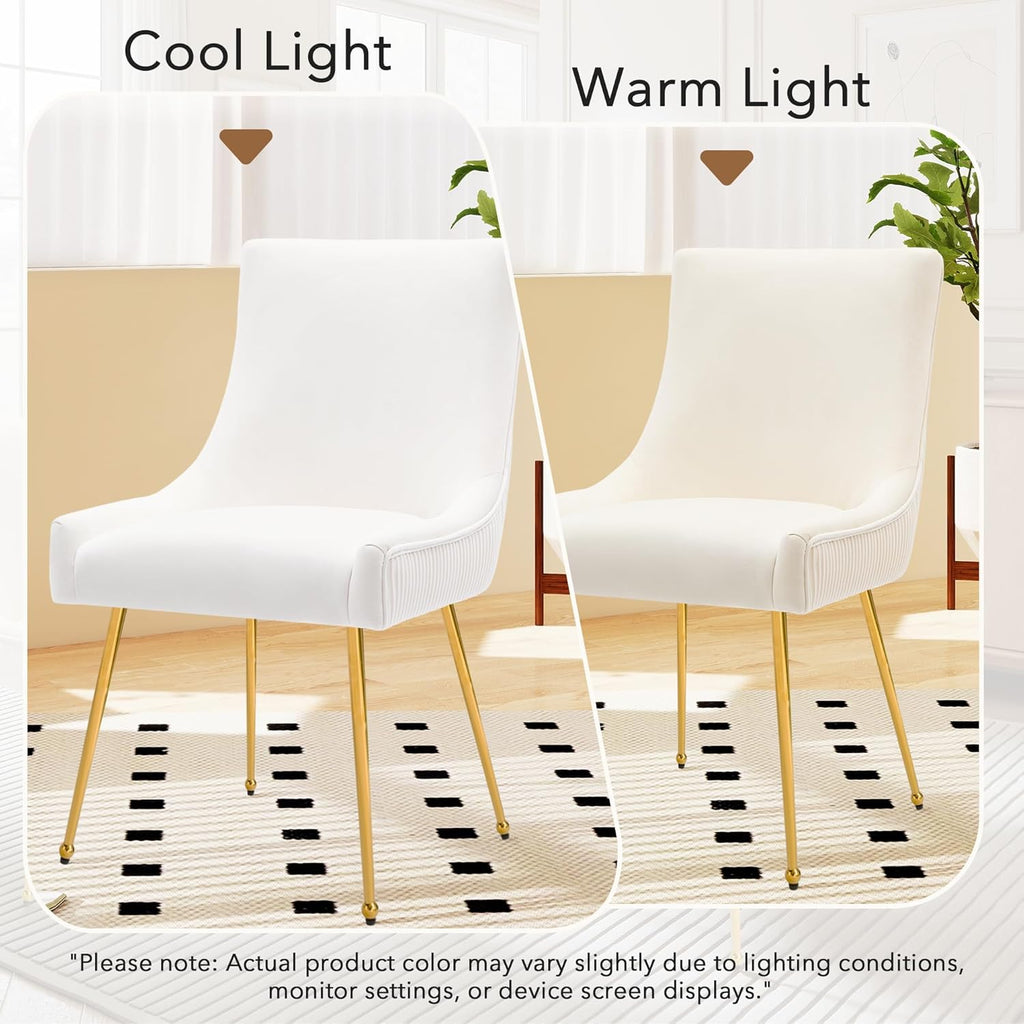 adochr Velvet Dining Chairs Set of 4, Modern Upholstered Kitchen Chair with Pull Handle & Pleated Back, Mid Century Accent Chair with Gold Metal Legs for Vanity,Dining,Kitchen,Living Room, Beige