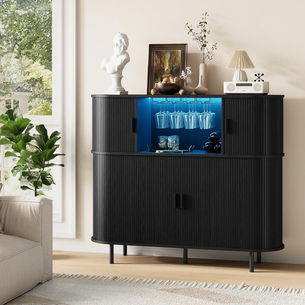 ONBRILL 55" Fluted Wine Bar Cabinet with LED Lights, Coffee Bar Cabinet with Power Outlet, Modern Liquor Whiskey Cabinets with Wine Rack and Glass Holder, Home Bar for Living Room Kitchen